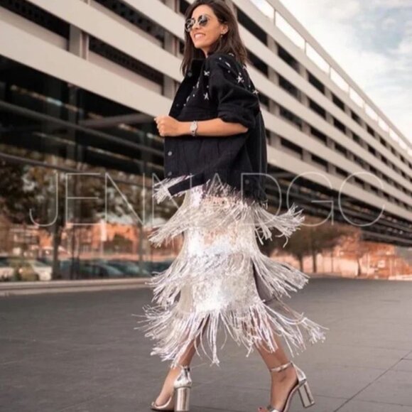 💥INSANELY BEAUTIFUL!💥Roaring 20s Vibe Tatiana Fringed Sequin Skirt in Silver - Picture 2 of 16
